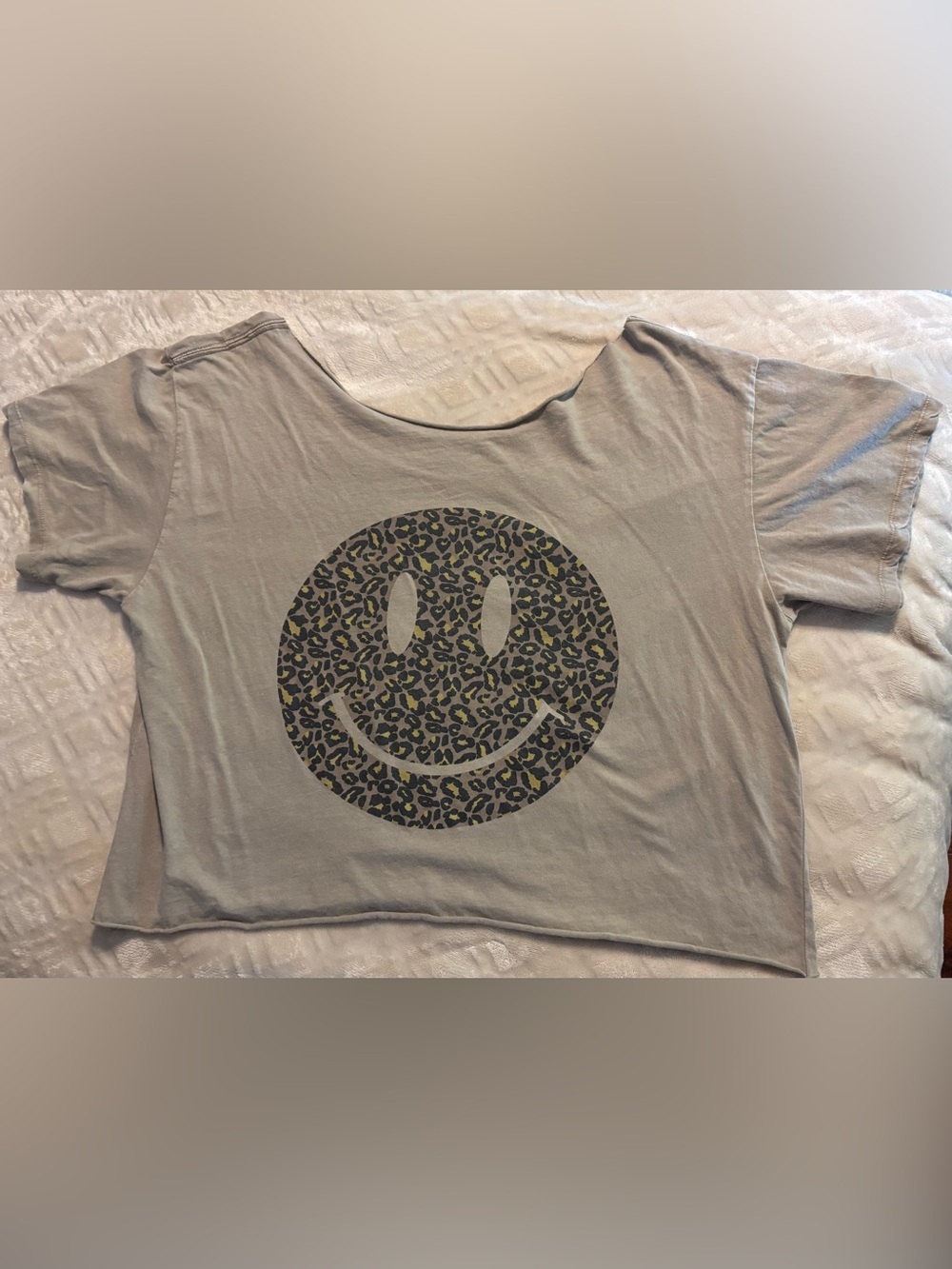 Women's Short Sleeve Smiley Tee - Gray with Leopard Print